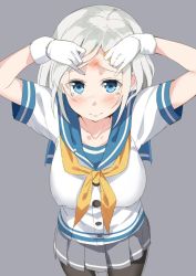 Rule 34 | 10s, 1girl, blue eyes, blush, bruise, commentary request, cowboy shot, crying, crying with eyes open, from above, gloves, grey background, hamakaze (kancolle), injury, kantai collection, looking at viewer, maji (etonato), neckerchief, pantyhose, pleated skirt, sailor collar, school uniform, serafuku, short hair, silver hair, skirt, solo, tears, yellow neckerchief