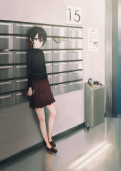 Rule 34 | 1girl, :o, against wall, black hair, black shirt, blue eyes, bottle, bow, brown footwear, can, chihuri, commentary request, hair between eyes, hair bow, highres, holding, hoshi meiko (chihuri), indoors, leaning on object, loafers, long sleeves, looking at viewer, mail slots, newspaper, original, parted lips, pleated skirt, red bow, red skirt, reflective floor, shirt, shoes, skirt, solo, trash can, water bottle