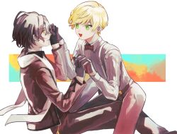 Rule 34 | 2boys, black hair, blonde hair, dankira!!!, geta (epicure no12), green eyes, highres, holding hands, long sleeves, looking at another, male focus, miki nozomu, multicolored hair, multiple boys, open mouth, red hair, short hair, smile, suspenders, yagami soma, yaoi, yellow eyes