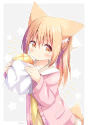 Rule 34 | 1girl, animal ear fluff, animal ears, arms up, blonde hair, bow, bread, brown eyes, eyes visible through hair, food, hair between eyes, hair bow, highres, holding, holding food, jacket, long hair, looking at viewer, melon bread, miike-chan, nakkar, open clothes, open jacket, original, pink jacket, pleated skirt, sailor collar, shirt, sidelocks, skirt, smile, solo, standing, star (symbol), tail, white bow, white sailor collar, white skirt, yellow shirt