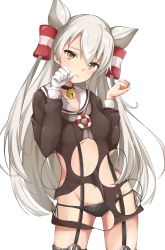 Rule 34 | 1girl, amatsukaze (kancolle), animal ears, bell, black choker, black panties, black ribbon, blush, breasts, brown eyes, brown shirt, cat ears, choker, closed mouth, contrapposto, cowboy shot, garter straps, gloves, hair tubes, hands up, highres, hoshimiya mashiro, jingle bell, kantai collection, kemonomimi mode, legs apart, light frown, long hair, long sleeves, looking at viewer, neck bell, panties, paw pose, raised eyebrows, revealing layer, ribbon, sailor collar, shirt, side-tie panties, silver hair, single glove, small breasts, solo, standing, straight hair, two side up, underwear, very long hair, white gloves, white sailor collar