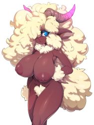 Rule 34 | 1girl, absurdres, animal ears, blonde pubic hair, blue eyes, blush, breasts, brown horns, closed mouth, commentary, dark-skinned female, dark skin, english commentary, female pubic hair, furry, furry female, hair over one eye, hand on own hip, highres, horns, huge breasts, long hair, looking at viewer, nipples, original, pubic hair, simple background, slugbox, solo, sweat, tail, white background