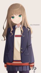 Rule 34 | 1girl, ankh, black jacket, black pantyhose, black skirt, blazer, brown background, brown hair, closed mouth, collared shirt, commentary request, copyright name, cowboy shot, green eyes, gridman universe, head tilt, highres, holding, jacket, long hair, looking at viewer, minami yume, open clothes, open jacket, pantyhose, pleated skirt, shirt, simple background, skirt, smile, solo, ssss.dynazenon, sweater vest, taiyaki (astre), white shirt