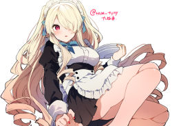Rule 34 | 1girl, apron, black dress, blonde hair, blue bow, blue bowtie, blush, bow, bowtie, breasts, doll joints, dress, frilled apron, frills, hair over one eye, holding, holding plate, ikeuchi tanuma, joints, large breasts, long hair, long sleeves, maid, maid headdress, nail polish, original, parted lips, plate, red eyes, red nails, sidelocks, simple background, solo, twitter username, white apron, white background