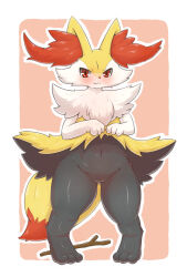 Rule 34 | 1girl, :&lt;, absurdres, animal ear fluff, animal ears, animal feet, animal hands, animal nose, black fur, body fur, border, braixen, closed mouth, creatures (company), fang, feet, female focus, fox ears, fox girl, fox tail, furry, furry female, game freak, gen 6 pokemon, gluteal fold, groin, hands up, highres, legs, lifted by self, looking at viewer, multicolored fur, navel, nintendo, no pussy, outline, outside border, pigeon-toed, pink background, pokemon, pokemon (creature), red eyes, shiny skin, simple background, solo, stick, stomach, tail, textless version, thick thighs, thighs, tomo oshiryuko, white border, white fur, white outline, wide hips, yellow fur