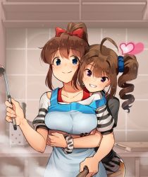 Rule 34 | 2girls, ahoge, apron, black shirt, blue eyes, blush, bow, bra, bra strap, bracelet, breast lift, breasts, brown hair, collarbone, drill hair, closed eyes, grin, hair bow, heart, holding, holding ladle, hug, hug from behind, idolmaster, idolmaster million live!, indoors, jewelry, kamille (vcx68), ladle, large breasts, looking at another, looking at viewer, multiple girls, parted lips, purple eyes, red bow, red bra, satake minako, scrunchie, shirt, short hair, short ponytail, short sleeves, side drill, smile, teeth, underwear, wrist scrunchie, yokoyama nao