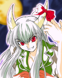Rule 34 | &gt;:d, 1girl, :d, collarbone, evil grin, evil smile, ex-keine, fangs, female focus, full moon, glowing, grin, head tilt, horn ornament, horn ribbon, horns, kamishirasawa keine, looking at viewer, moon, night, open mouth, ribbon, silver hair, smile, solo, teeth, touhou, upper body, v-shaped eyebrows