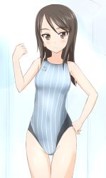 Rule 34 | 10s, 1girl, bad id, bad pixiv id, bare arms, bare shoulders, brown eyes, brown hair, clenched hand, collarbone, competition swimsuit, girls und panzer, hand on own hip, long hair, mika (girls und panzer), narrow waist, one-piece swimsuit, simple background, solo, standing, striped clothes, striped one-piece swimsuit, swimsuit, takafumi, thigh gap