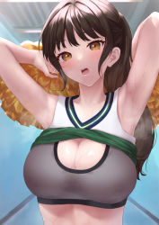 Rule 34 | 1girl, armpits, arms up, blush, breasts, brown hair, cheerleader, cleavage, cleavage cutout, clothes lift, clothing cutout, hallway, holding, holding pom poms, large breasts, looking at viewer, midriff, open mouth, original, pom pom (cheerleading), pom poms, ponytail, presenting armpit, rolled up, shirt lift, sidelocks, sports bra, steam, steaming body, sweat, tank top, tantansanpo, yellow eyes