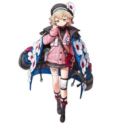 Rule 34 | 1girl, asymmetrical legwear, bag, beret, black footwear, black hat, black skirt, black socks, black sweater, blonde hair, blue coat, blue eyes, buckle, chest strap, closed mouth, coat, coat on shoulders, flower, flower ornament, full body, girls&#039; frontline, gun, half-closed eyes, hat, hat flower, highres, holding, holding gun, holding weapon, jatimatic, jatimatic (girls&#039; frontline), knee pads, light smile, loafers, long sleeves, looking at viewer, medium hair, official art, pink bag, pink flower, pink sweater, pleated skirt, pouch, rinotuna, shoes, shoulder bag, simple background, single knee pad, skirt, snap-fit buckle, socks, solo, standing, submachine gun, sweater, thigh strap, third-party source, transparent background, turtleneck, turtleneck sweater, weapon, white bag