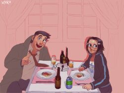 Rule 34 | 1boy, 1girl, ace attorney, black hair, black jacket, black pants, blue badger, bottle, brown hair, coat, collarbone, cup, curtains, dick gumshoe, drinking glass, drop shadow, facial hair, fork, glasses, goatee stubble, green coat, hair ornament, hairclip, highres, jacket, kukustar (kukuu), long sleeves, looking at viewer, looking to the side, maggey byrde, medium sideburns, napkin, open mouth, pants, pencil behind ear, plate, shirt, short hair, shrimp, sketch, sketch background, smile, spoon, stubble, tablecloth, teeth, white shirt, window, wine glass