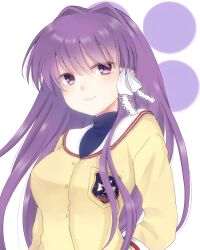 Rule 34 | &gt;:), 1girl, bow, breasts, clannad, closed mouth, commentary request, eyelashes, eyes visible through hair, fujibayashi kyou, hair between eyes, hair bow, hair intakes, hair ribbon, highres, jacket, light blush, lips, long hair, long sleeves, looking at viewer, medium breasts, purple eyes, purple hair, ribbon, sailor collar, school uniform, sidelocks, simple background, smile, solo, straight hair, upper body, v-shaped eyebrows, very long hair, white background, white bow, white ribbon, white sailor collar, xx lz82, yellow jacket
