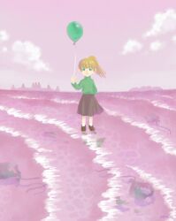Rule 34 | 1girl, arm behind back, balloon, beach, black footwear, black skirt, blonde hair, closed mouth, cloud, commentary request, floating hair, green eyes, green sweater, hand up, highres, holding, holding balloon, horizon, island, long hair, long sleeves, looking at viewer, niwasakino daei, ocean, pink sky, pink water, poniko, ponytail, shoes, signature, skirt, sky, smile, socks, solo, standing, standing on liquid, straight-on, sweater, turtleneck, turtleneck sweater, waves, white socks, wide shot, yume nikki