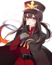 Rule 34 | 1boy, aiguillette, androgynous, black hair, blush, cloak, copyright name, fate/grand order, fate (series), floating hair, gloves, grey gloves, hat, long hair, looking at viewer, low ponytail, male focus, mayachi (amuriya), military, military hat, military uniform, oda nobukatsu (fate), oda nobuyuki (fate/grand order), open mouth, parted lips, ponytail, red eyes, sidelocks, simple background, solo, uniform, upper body, white background