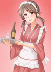 Rule 34 | 1girl, anti (untea9), apron, beer bottle, bottle, brown eyes, brown hair, commentary request, frilled apron, frills, glass, gradient background, highres, japanese clothes, kantai collection, kimono, low twintails, maid, maid headdress, parted bangs, red background, red kimono, shirayuki (kancolle), short twintails, solo, tray, twintails, wa maid, waitress, white apron
