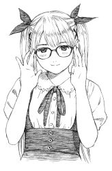 Rule 34 | 1girl, bespectacled, dead or alive, glasses, greyscale, hair ribbon, highres, long hair, marie rose, monochrome, ribbon, smile, solo, traditional media, twintails, upper body, yug (ekaki)