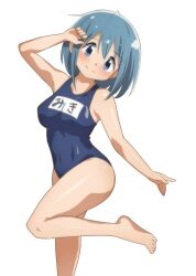 Rule 34 | 1girl, bare shoulders, barefoot, blue eyes, blue hair, blush, breasts, closed mouth, dot nose, feet, female focus, hateri, highres, legs, looking at viewer, mahou shoujo madoka magica, medium breasts, medium hair, miki sayaka, no shoes, no socks, one-piece swimsuit, school swimsuit, simple background, smile, solo, standing, standing on one leg, swimsuit, thighs, white background