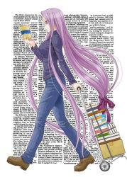 Rule 34 | 00s, 1girl, book, denim, fate/hollow ataraxia, fate/stay night, fate (series), hida tatsuo, jeans, long hair, low-tied long hair, medusa (fate), medusa (rider) (fate), official alternate costume, pants, purple hair, solo, very long hair