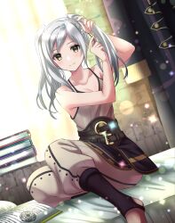 Rule 34 | 1girl, adjusting hair, bare shoulders, bed, belt, book, book stack, breasts, cleavage, closed mouth, unworn clothes, collarbone, commission, fire emblem, fire emblem awakening, highres, indoors, kakiko210, light particles, long hair, looking at viewer, medium breasts, nintendo, open book, robe, robin (female) (fire emblem), robin (fire emblem), shirt, skeb commission, sleeveless, sleeveless shirt, smile, solo, twintails, white hair, yellow eyes