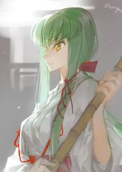 Rule 34 | 1girl, broom, c.c., code geass, creayus, gradient background, green hair, japanese clothes, long hair, miko, solo, yellow eyes