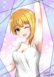 Rule 34 | 1girl, arm up, armpits, asymmetrical hair, blonde hair, blush, breasts, camisole, cleavage, collarbone, dated, green eyes, h2 (h20000000), heart, idolmaster, idolmaster cinderella girls, looking at viewer, medium breasts, miyamoto frederica, one eye closed, short hair, smile, solo, sparkle, white camisole
