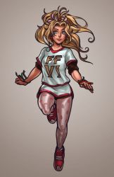 Rule 34 | 1990s (style), 1girl, blonde hair, blue eyes, bracelet, casual, contemporary, earrings, final fantasy, final fantasy vi, full body, grey background, hair ornament, highres, jewelry, lips, long hair, pantyhose, ponytail, print pantyhose, retro artstyle, running, shirt, shoes, shorts, smile, sneakers, solo, t-shirt, tina branford, voodoothur