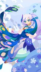 Rule 34 | 1girl, bird, chibi, commentary, dress, feather hair ornament, flower, green eyes, hair ornament, headpat, highres, holding, hololive, hololive indonesia, jewelry, long hair, long sleeves, pavolia reine, peacock, side ponytail, silver hair, smile, virtual youtuber, xyzal