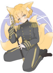 Rule 34 | 1girl, animal ears, blonde hair, blue jacket, blue pants, closed mouth, full body, gloves, hall jion, highres, holding, holding sword, holding weapon, jacket, long sleeves, looking at viewer, military, military jacket, military uniform, pants, short hair, smile, solo, sword, touhou, uniform, weapon, white gloves, yakumo ran, yellow eyes