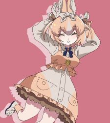 Rule 34 | 1girl, animal ears, blue bow, blue bowtie, blush, bow, bowtie, brown bow, brown dress, brown socks, brown vest, closed eyes, collared dress, domestic rabbit (kemono friends), dress, frilled sleeves, frilled vest, frills, gloves, hair between eyes, hair bow, highres, houkokukokui, kemono friends, kemono friends 3, light brown hair, long sleeves, multicolored hair, puffy sleeves, rabbit ears, rabbit girl, short hair, sidelocks, socks, solo, two-tone dress, two-tone hair, vest, white bow, white dress, white gloves, white hair