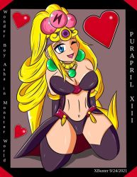 Rule 34 | 1girl, artist name, blonde hair, blue eyes, boots, breasts, cleavage, crown, earrings, elbow gloves, gloves, jewelry, large breasts, long hair, midriff, monster world, monster world iv, navel, necklace, one eye closed, open mouth, praprill xiii, queen of rapadagna, sega, shiny skin, smile, thigh boots, thighhighs, thighs, very long hair, wink, wonder boy, wonder boy: asha in monster world, xbuster
