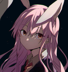 Rule 34 | 1girl, animal ears, black background, black jacket, chromatic aberration, commentary, english commentary, from side, hair between eyes, jacket, long hair, looking at viewer, necktie, portrait, purple hair, rabbit ears, red eyes, red necktie, reisen udongein inaba, satoupote, shirt, solo, touhou, white shirt