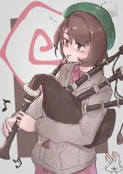 Rule 34 | 1girl, absurdres, bagpipes, bags under eyes, beamed sixteenth notes, bob cut, brown eyes, brown hair, buttons, cardigan, chalos, collared dress, creatures (company), dress, eighth note, game freak, gen 8 pokemon, gloria (pokemon), green hat, grey cardigan, hat, highres, instrument, music, musical note, nintendo, pink dress, playing instrument, pokemon, pokemon swsh, scorbunny, short hair, solo, swept bangs, tam o&#039; shanter, tired, upper body