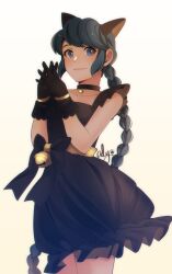 Rule 34 | 1girl, animal ears, bell, black dress, black gloves, black ribbon, blue eyes, blue hair, braid, cat ears, cat girl, closed mouth, dress, gloves, highres, jewelry, jingle bell, marinette dupain-cheng, miraculous ladybug, necklace, remurie, ribbon, simple background, single braid, smile, solo, white background