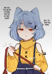 Rule 34 | 1girl, absurdres, animal ears, bare shoulders, blue hair, cat ears, cat girl, commentary, english text, glowing, glowing eyes, highres, holding, holding leash, leash, long sleeves, looking at viewer, neqo (character), neqo (neneneqo), original, parted lips, red eyes, short hair, simple background, skirt, solo, sound effects, suspender skirt, suspenders, sweater, symbol-only commentary, white background