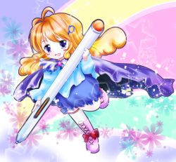 Rule 34 | 1girl, ahoge, blue eyes, blue skirt, blush stickers, boots, bow, brooch, cape, chibi, commentary request, cross-laced footwear, dress, eyelashes, floral background, footwear bow, gem, gradient background, hair ornament, hairclip, jewelry, knee boots, layered dress, long hair, looking at viewer, musical note, musical note print, open mouth, orange hair, original, personification, pixiv, pixiv-tan, purple gemstone, shoes, skirt, solo, sparkle, staff (music), star (symbol), stylus, thighhighs, tsukiori sasa, white thighhighs
