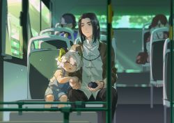 Rule 34 | 2boys, animal ears, black hair, black pants, blue overalls, blurry, blurry background, blurry foreground, blush, bus interior, cat boy, cat ears, child, chinese clothes, feet out of frame, highres, jacket, long hair, luo xiaohei, luo xiaohei (human), luo xiaohei zhanji, multiple boys, overalls, pants, rrr (reason), shadow, shirt, short hair, short sleeves, sitting, striped clothes, striped shirt, white hair, white jacket, white shirt, window, wuxian (the legend of luoxiaohei)