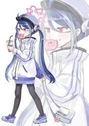 Rule 34 | 1girl, absurdres, antenna hair, bag, black pantyhose, blue archive, blue hair, blue headwear, blush, doughnut, drink, drinking straw, eating, food, food on face, fubuki (blue archive), grey hair, halo, hat, highres, holding, holding bag, holding drink, jacket, long hair, long sleeves, multicolored hair, multiple views, nez (nez 0 0), pantyhose, pink halo, red eyes, simple background, streaked hair, twintails, white background, white jacket, zoom layer