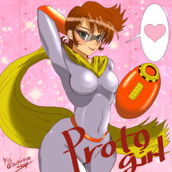 Rule 34 | 1girl, arm behind head, arm cannon, arm over head, artist name, proto man, blush, bodysuit, breasts, brown hair, character name, covered navel, dated, female focus, genderswap, genderswap (mtf), glasses, green eyes, heart, highres, hip focus, jackrose mary, lipstick, makeup, medium breasts, pink background, mega man (series), mega man (classic), scarf, short hair, sidelocks, solo, speech bubble, sunglasses, text focus, tight clothes, tinted eyewear, weapon, yellow scarf