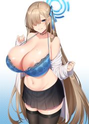 Rule 34 | 1girl, :d, absurdres, areola slip, asuna (blue archive), bare shoulders, black choker, black skirt, blue archive, blue bra, blue eyes, blue ribbon, blush, bra, breasts, brown hair, chixiao, choker, collarbone, cowboy shot, gradient background, groin, hair over one eye, hair ribbon, halo, highres, huge breasts, lace, lace-trimmed bra, lace trim, long hair, long sleeves, miniskirt, navel, open clothes, open mouth, open shirt, parted lips, pleated skirt, ribbon, shirt, skirt, sleeves past wrists, smile, solo, stomach, strap gap, thighhighs, underwear, very long hair, white background, white shirt, zettai ryouiki