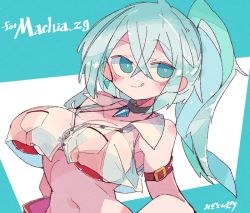 Rule 34 | 1girl, :q, aqua eyes, aqua hair, bikini, blue background, breasts, cleavage, closed mouth, collar, commission, crystal, large breasts, long hair, looking at viewer, massakasama, multicolored background, navel, original, ponytail, red bikini, see-through, smile, solo, swimsuit, tongue, tongue out, upper body, white background