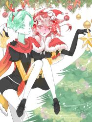 Rule 34 | 2others, androgynous, antlers, blush, capelet, carrying, christmas, christmas ornaments, christmas tree, cinnabar (houseki no kuni), colored eyelashes, colored skin, crystal hair, easty, elbow gloves, embarrassed, eyes visible through hair, fur trim, gem uniform (houseki no kuni), gloves, golden arms, green eyes, green hair, hand on another&#039;s shoulder, hat, horns, houseki no kuni, long bangs, looking at viewer, multiple others, necktie, phosphophyllite, princess carry, red eyes, red hair, santa hat, scarf, short hair, spoilers, white skin