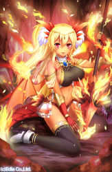 Rule 34 | 1girl, bad id, bad pixiv id, black thighhighs, blonde hair, blush, brooch, fingerless gloves, fire, gloves, high heels, jewelry, long hair, lots of jewelry, meiyaku no guardian knights, navel, polearm, red eyes, salamander (guardian knights), shoes, sitting, solo, spear, tail, thighhighs, tongue, wariza, weapon, wings, yukiko013