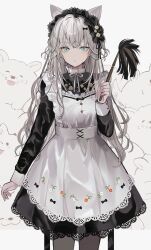 Rule 34 | 1girl, animal ears, apron, black dress, blue eyes, cat ears, cat girl, chiemo (xcem), commentary, dress, duster, english commentary, grey hair, highres, lace, lace-trimmed apron, lace-trimmed dress, lace trim, long hair, long sleeves, maid, maid headdress, original, white apron