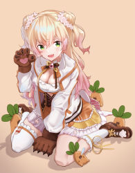Rule 34 | 1girl, :d, animal hands, asymmetrical legwear, bear paws, bell, blonde hair, boots, bow, bowtie, brown footwear, claw pose, corset, cutout above navel, double bun, dress, dress flower, fang, flower, frilled dress, frilled socks, frills, gloves, gradient hair, green eyes, hair between eyes, hair bun, hair flower, hair ornament, highres, hololive, jacket, jingle bell, layered dress, long hair, long sleeves, looking at viewer, lying, momosuzu nene, multicolored hair, multicolored neckwear, neck bell, nekko (momosuzu nene), on back, open mouth, orange dress, paw gloves, pink hair, ringobatake, single sock, single thighhigh, sitting, skin fang, smile, socks, solo, thighhighs, two side up, underbust, uneven legwear, virtual youtuber, wariza, white jacket, white socks, yellow dress