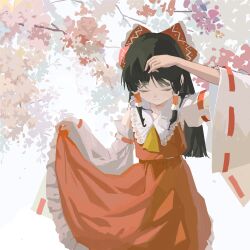 Rule 34 | 1girl, black hair, bow, detached sleeves, flower, hair bow, hakurei reimu, highres, jacket, long skirt, looking down, nontraditional miko, red bow, red jacket, red skirt, reisende1969, skirt, sleeveless, sleeveless jacket, solo, touhou, white background, white sleeves