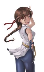 Rule 34 | 1girl, absurdres, ass, backgom, braid, breasts, brown eyes, brown hair, commentary, dougi, fingerless gloves, gloves, headband, highres, long hair, looking at viewer, ryuuko no ken, simple background, single braid, smile, snk, solo, spandex, the king of fighters, very long hair, white background, yuri sakazaki