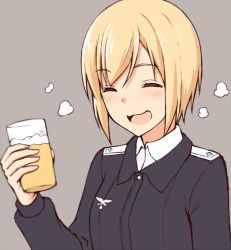 Rule 34 | 1girl, ^ ^, alcohol, beer, blonde hair, cup, erica hartmann, closed eyes, grey background, military, military uniform, momiji7728, open mouth, short hair, simple background, solo, strike witches, uniform, wavy mouth, world witches series