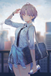 Rule 34 | 1girl, absurdres, ahoge, asakura toru, backlighting, bag, blue cardigan, blue eyes, blurry, blurry background, blush, bottle, breast pocket, breasts, cardigan, cardigan around waist, city, closed mouth, clothes around waist, collared shirt, cowboy shot, depth of field, earrings, grey hair, grey skirt, highres, holding, holding bottle, idolmaster, idolmaster shiny colors, jewelry, looking at viewer, medium breasts, miniskirt, necktie, parted bangs, pen, pigone, plaid, plaid skirt, pleated skirt, pocket, railing, school bag, school uniform, shirt, short hair, skirt, sky, sleeves pushed up, smile, solo, sunlight, water bottle, white shirt, wristband