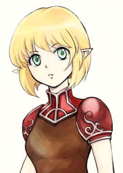 Rule 34 | armor, blonde hair, elf, gensou suikoden, gensou suikoden iv, green eyes, lowres, magurodon, paula (suikoden), pointy ears, red armor, short hair, simple background, solo