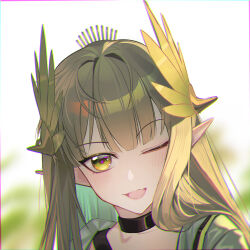 Rule 34 | 1girl, ;d, arknights, black choker, blunt bangs, blurry, blurry background, blush, brown hair, choker, commentary request, depth of field, elf, fang, highres, laurel crown, long hair, looking at viewer, muelsyse (arknights), one eye closed, open mouth, pointy ears, skin fang, smile, solo, yellow eyes, zoffyshiniki
